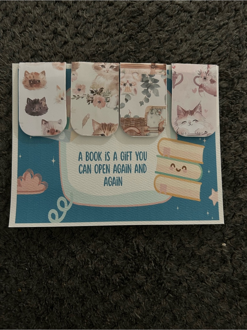 Handcrafted Cute Cat Bookmark Set with Blue Book Quote Card